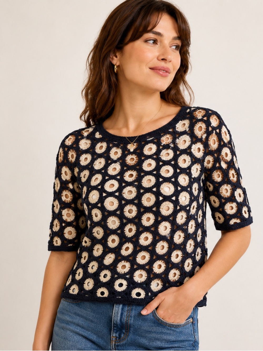 Boden Navy and Cream Crochet Short Sleeve Tee